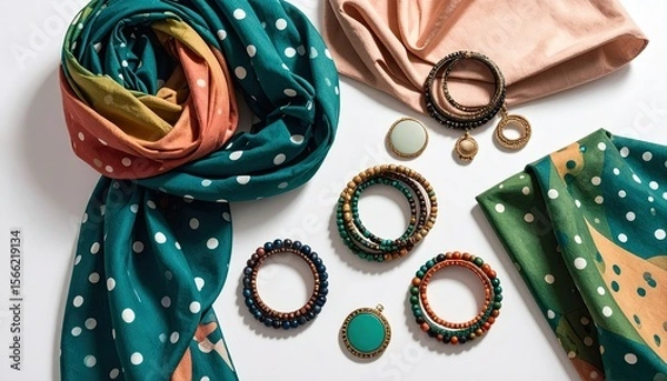Fototapeta Flat Lay Composition Of Polka Dot Scarf Colorful Bangles And Retro Earrings On White Background