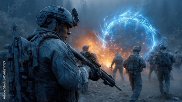 Fototapeta Futuristic war concept, soldiers using energy shields against alien attacks, vibrant force fields, cinematic defense.