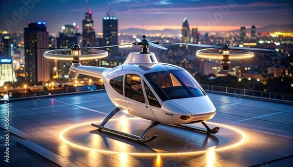 Fototapeta Futuristic Flying Taxi Vessel Hovering Above Rooftop Helipad At Night With Illuminated Circle