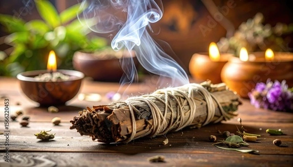 Fototapeta Gentle Curl Of Herbal Smudge Stick Smoke With Burning Candles On Wooden Surface