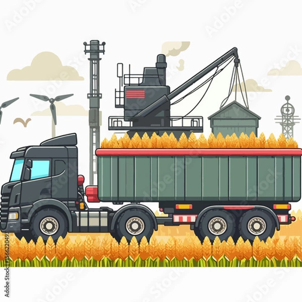 Fototapeta Modern agricultural truck carries a full load of harvested golden grain across a field, surrounded by rural landscape elements.