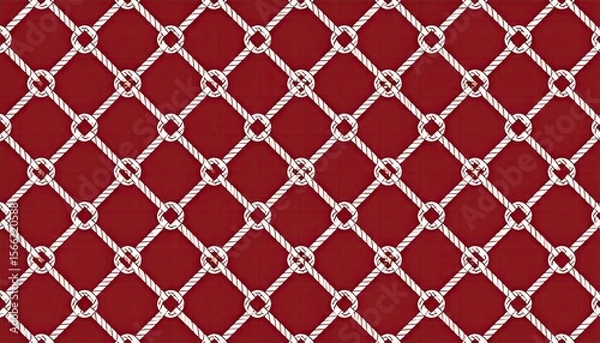Fototapeta Geometric Interlaced Rope Knot Pattern on Red Background with White Grid Design