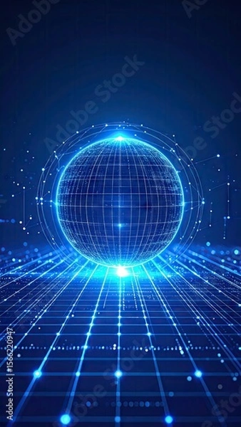 Fototapeta Glowing Blue Sphere with Wireframe Design Hovering Above a Digital Grid Illuminated with Light