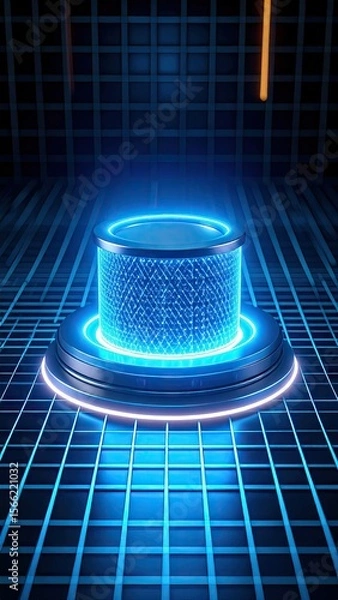 Fototapeta Glowing Futuristic Reactor Vessel Displayed Above A Grated Metal Floor With Blue Digital Lighting