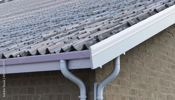 Fototapeta Sloped roof with gray shingles and modern gutter system efficiently channels rainwater, enhancing building durability and functionality. brick wall adds classic touch