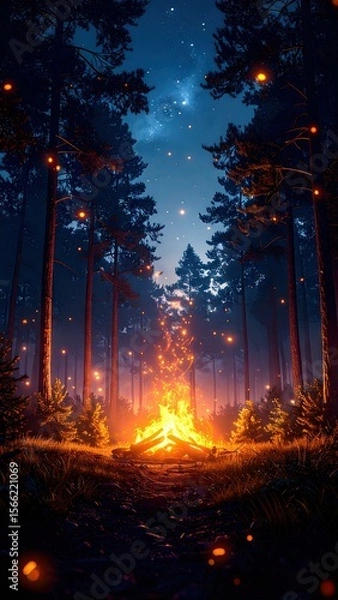 Fototapeta Glowing Embers Drifting Upward In A Darkened Forest Clearing At Night With Starry Sky