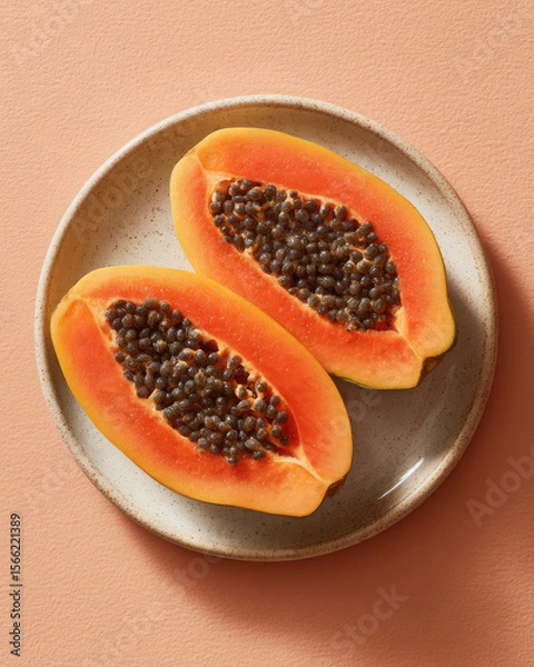 Fototapeta Juicy papaya halves delight with intact seeds on plate, vibrant and appetizing