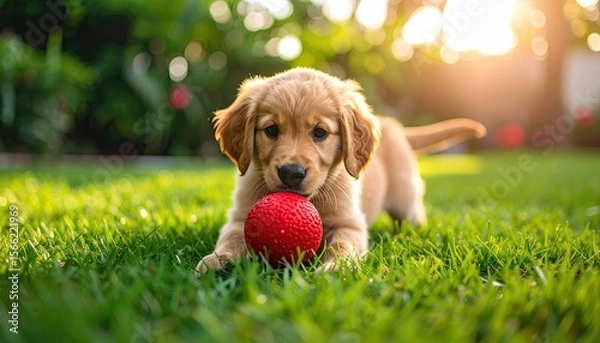 Fototapeta Golden Retriever Puppy Playing With A Red Ball On Lush Green Grass In Sunny Daylight