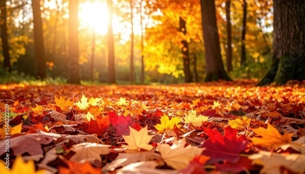 Fototapeta Golden Sunlight Illuminates Autumn Forest Floor Covered In Vibrant Red and Gold Maple Leaves