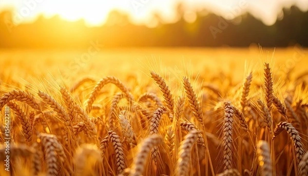Fototapeta Golden Wheat Field Illuminated By Warm Sunlight during Sunset under Clear Sky
