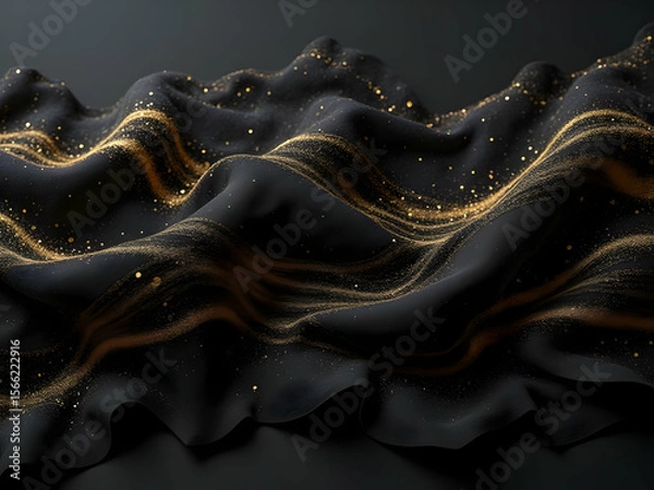 Fototapeta Abstract Black Fabric Draped in Waves with Gold Glitter Accents Dark Background Luxurious Textured Surface