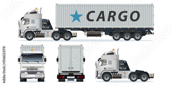 Fototapeta Semi trailer truck heavy star cargo container logistic delivery service view from different angles vector set illustration