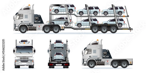 Fototapeta Car carrier trailer, heavy car carrier semi trailer truck carrying fully loaded cars on two vehicle levels from different angles vector set illustration