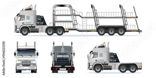 Fototapeta Car carrier trailer, big rig car hauler semi trailer truck transporting cars on two levels vehicle from various angles vector set illustration