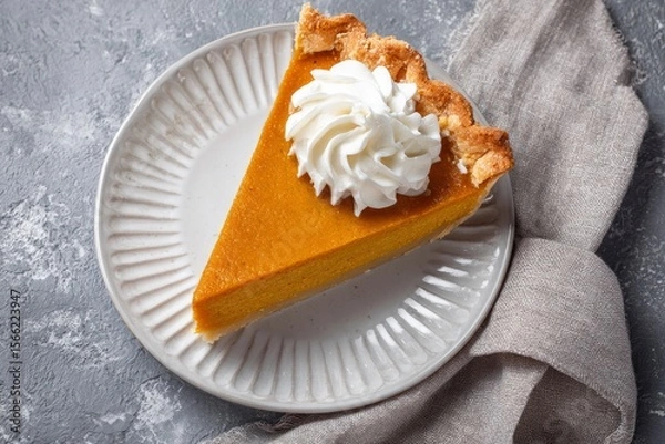 Fototapeta A slice of pumpkin pie on a plate topped with whipped cream rests on a textured surface with a neutraltoned cloth napkin