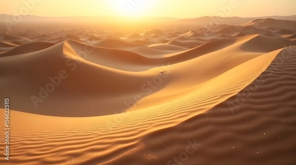 Fototapeta A detailed HD capture of soft sand dunes under golden sunlight, wind-sculpted ridges casting long shadows across the rippled surface -