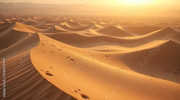 Fototapeta A detailed HD capture of soft sand dunes under golden sunlight, wind-sculpted ridges casting long shadows across the rippled surface -