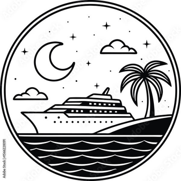Fototapeta Stylized black and white line art illustration of a cruise ship sailing near a tropical island with a palm tree under a crescent moon and starry night sky isolated on transparent background