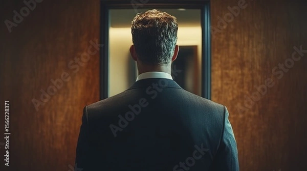 Obraz Stylish Back View of Elegant Man in Suit Standing Before Mirror