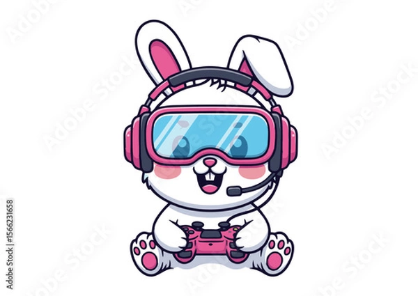 Obraz Adorable Gamer Bunny Rabbit with Pink Headset and Goggles Playing Video Games.