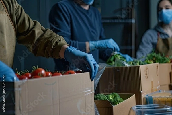 Fototapeta Sharp Image of Volunteers with Gloves and Medical Masks Preparing Box for Donation