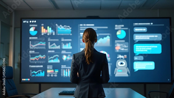 Fototapeta Analyzing Data Charts on a Large Screen Display