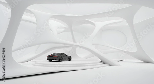 Fototapeta Sleek gray car showcased in a modern, all-white architectural structure
