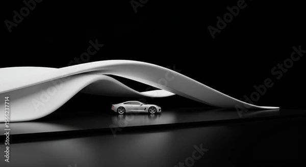Fototapeta Sleek silver car showcased under a modern abstract architectural structure