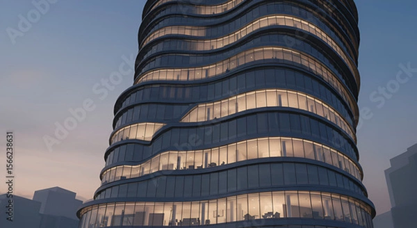 Fototapeta Unique architectural design of a modern high-rise building at dusk showcases