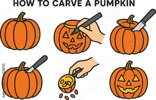 Obraz halloween Pumpkin Carving Steps Infographic Vector Outline Set