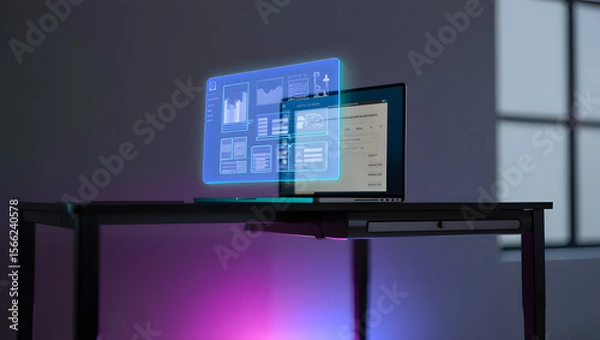 Fototapeta Modern workspace with holographic display and laptop technology