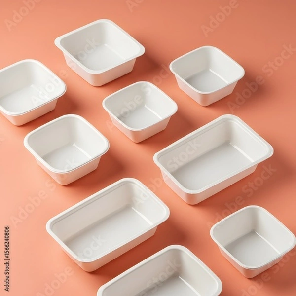 Fototapeta A collection of empty, white, square and rectangular food containers arranged on a coral background.