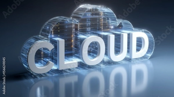 Fototapeta Glass-like cloud shape with embedded digital servers