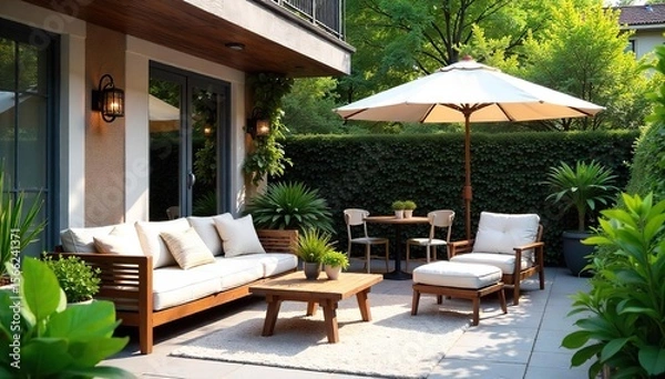 Obraz Inviting outdoor patio space with comfortable seating, lush greenery, and charming nautical-themed decor Perfect for relaxation and al fresco dining , umbrella, wood