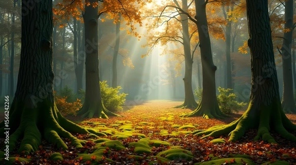 Fototapeta  A realistic image of a quiet forest clearing, sunlight filtering through tall trees, casting dappled light onto a carpet of moss and fallen leaves -