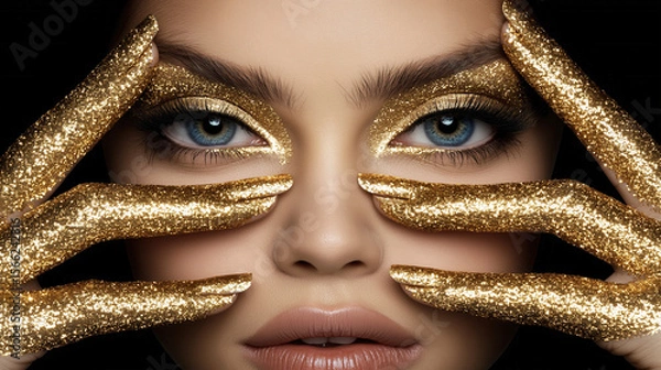 Fototapeta A close-up of a woman's face with dazzling golden glitter makeup and matching sparkling hands