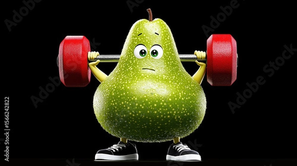 Fototapeta A determined cartoon pear in sneakers lifts a heavy red barbell