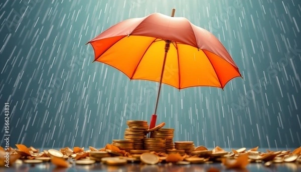 Fototapeta in this digital image, an open red umbrella stands in the center, protecting a collection of coins scattered beneath it