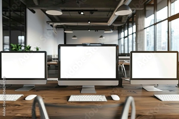 Fototapeta Vibrant Image of Computers with Blank Screens on Wooden Table in Modern Office