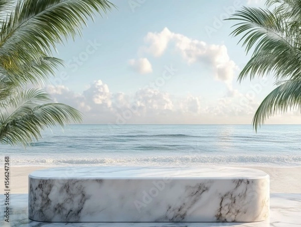 Fototapeta ultra HD visual of table top marble empty surface and beach ocean sea background with palm leaves dais podium tabletop for summer luxury product display high detail 8k