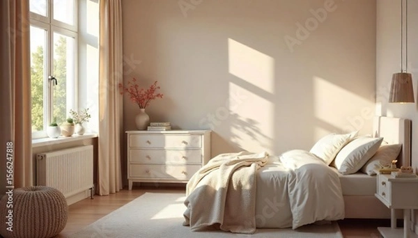 Fototapeta Serene Maternity Bedroom Soft Lighting, Plush Textiles, and Calming Colors Perfect for Relaxation and Preparing for Babys Arrival