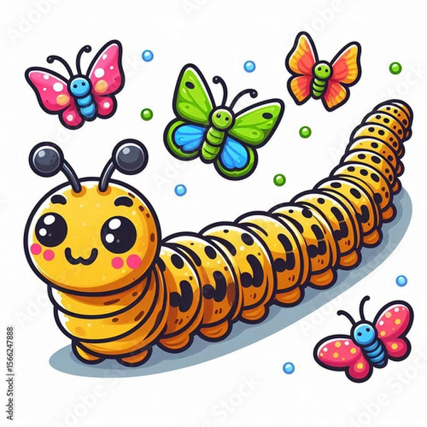 Fototapeta Cheerful cartoon illustration of a caterpillar with butterflies in a bright and colorful style.