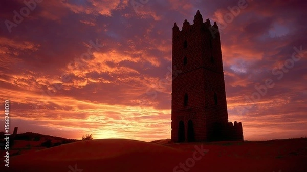 Fototapeta Silhouette of a Tall Stone Tower at Sunset in a Red Desert