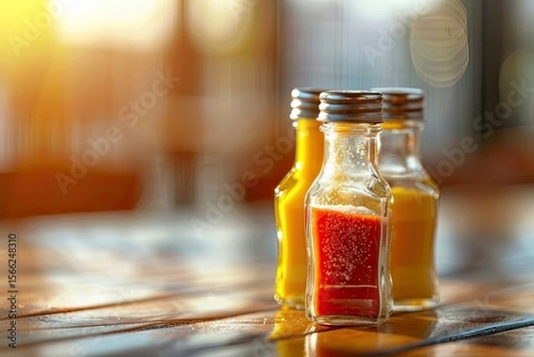 Fototapeta High Detail Visual of Salt Shaker in Glass Bottle with Ketchup and Mustard
