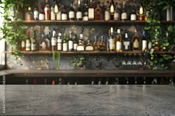 Fototapeta Grey Table Top and Beautiful Bokeh Shelves with Alcohol Bottles at the Background