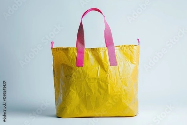 Fototapeta High Definition View of Yellow Tote Bag with Pink Handles on White Background