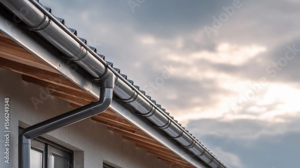 Fototapeta Modern Roof Gutter System with Dramatic Cloudy Sky in Background Over Contemporary House Exterior