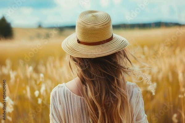 Fototapeta Clear Pixel Image of Rear View of Woman Wearing Hat Standing on Land