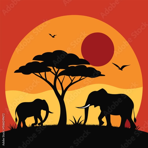 Fototapeta African Sunset Silhouette Majestic Elephants at Dusk, Savannah Landscape Illustration