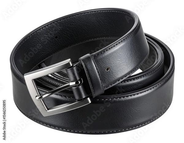 Obraz Black Leather Belt with Polished Silver Buckle, coiled, isolated on transparent background.